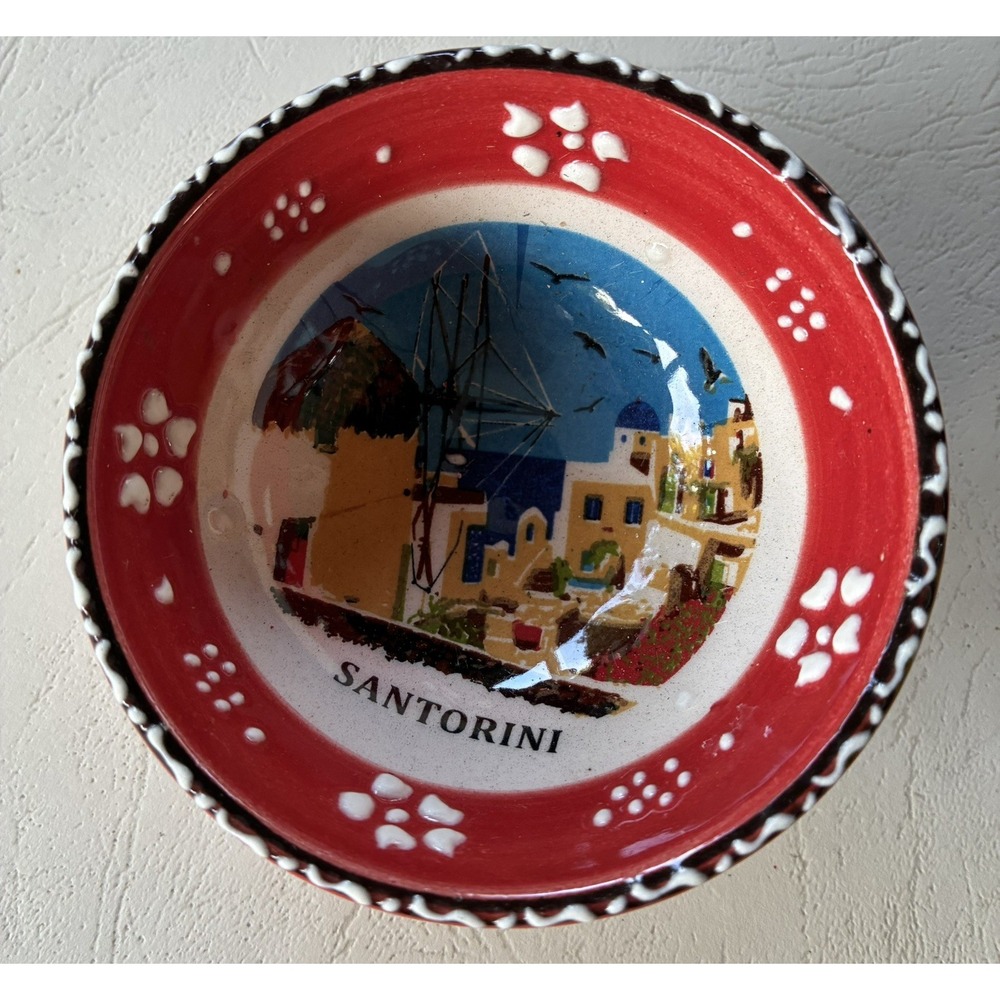 Santorini Greece Handmade Ceramic Bowl Hand Painted Windmill Red Souvenir Dish